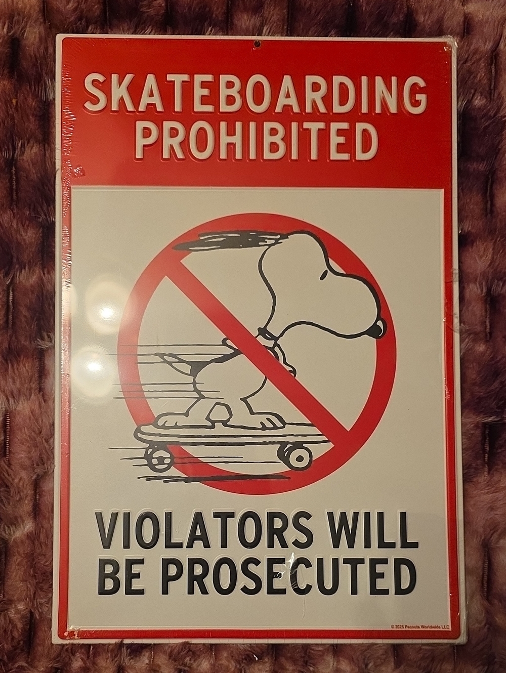 Peanuts Snoopy Skateboarding Prohibited Sign - Red and White